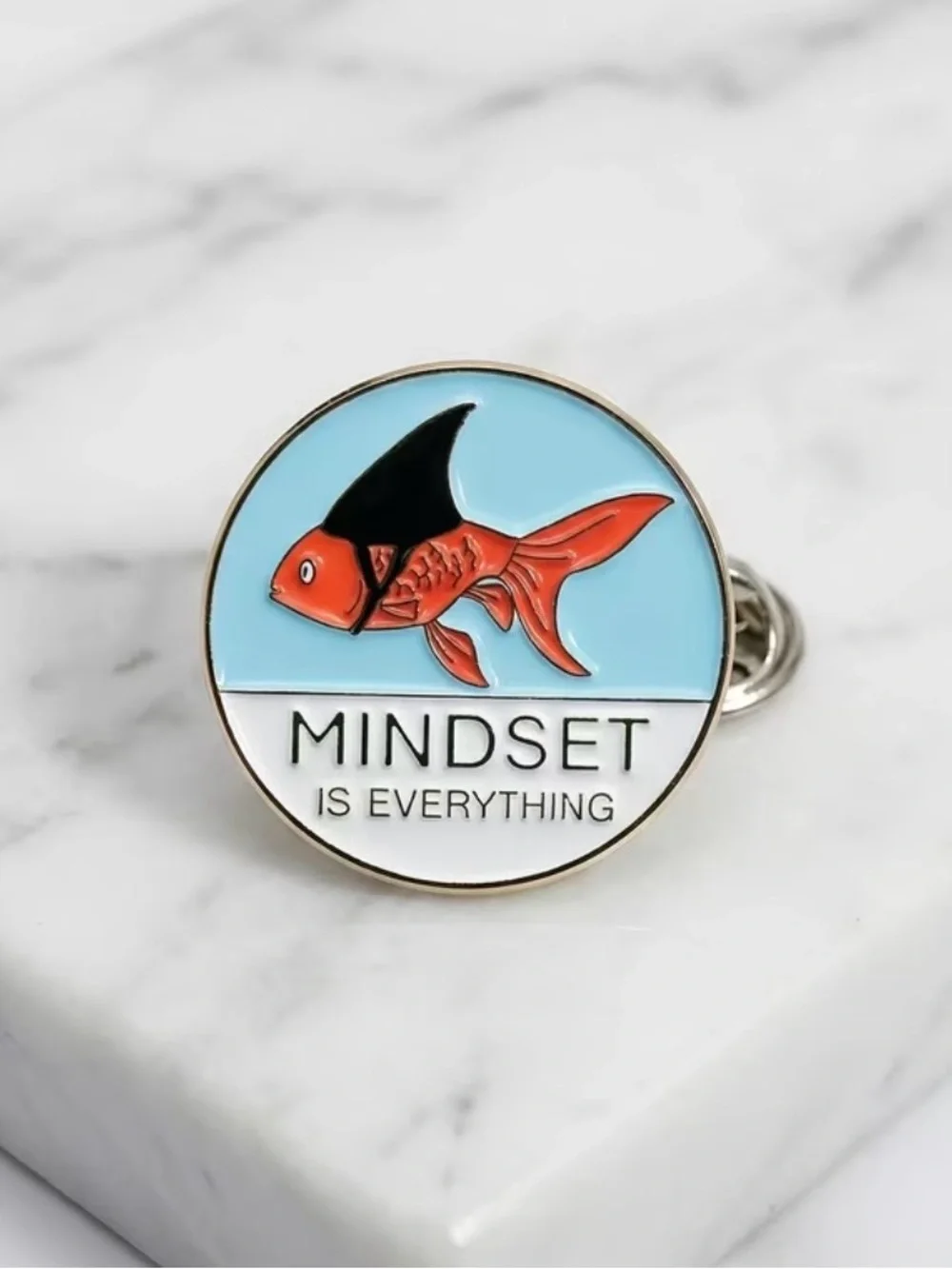 Mindset Is Everything Gold-Edged Enamel Fish Pin - Orange/Black Super Funny NEW